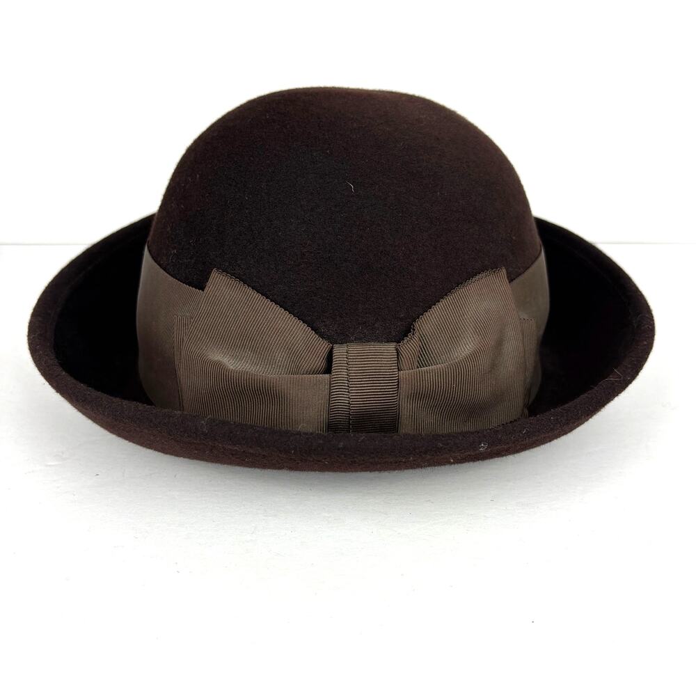 Saks Fifth Avenue Hat Chocolate Brown 100% Wool Felted Ribbon Bow Geo W. Bollman